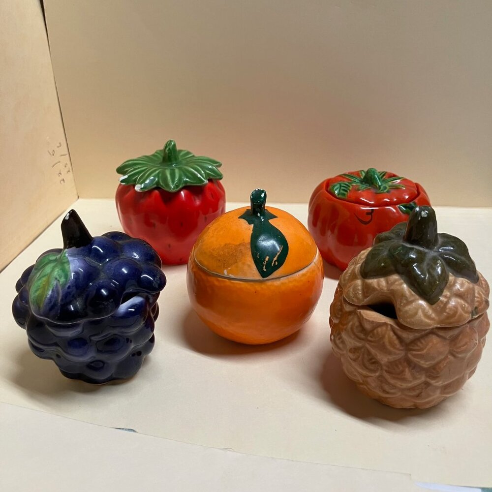Vintage Small 2" Ceramic Condiment jars 5 pc Fruit set (no spoons)